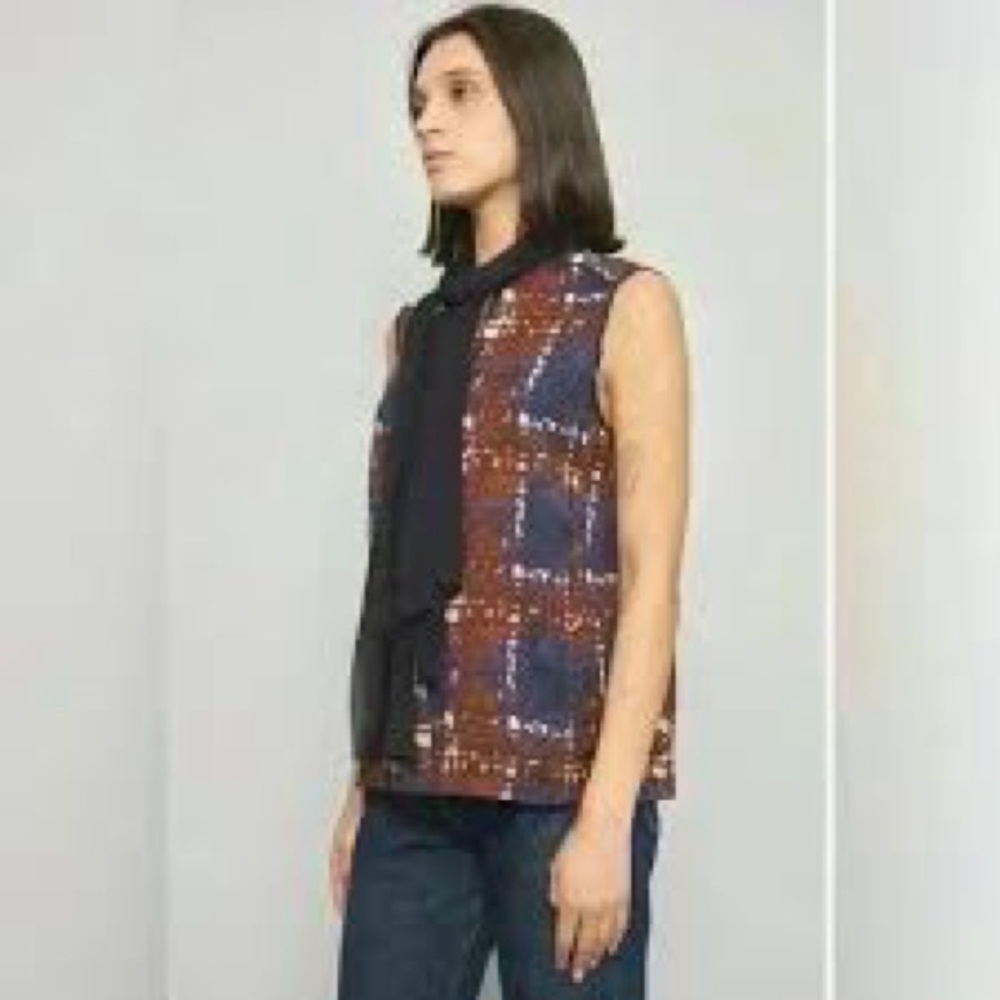 TORY BURCH Sleeveless Neck Scarf Tie Wool Silk Ruffle Placket Blouse sz 6